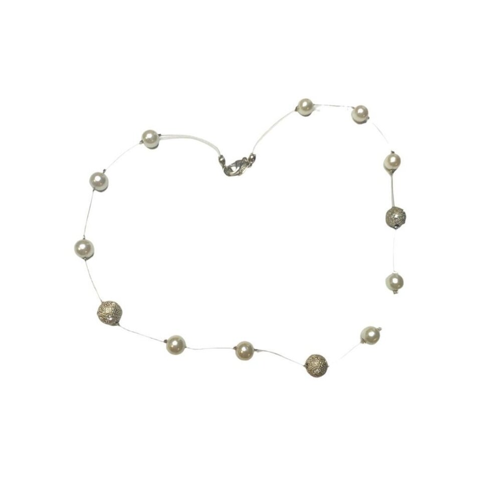 Vintage Avon Wire and Faux Pearl Silvertone Necklace Sparkly 18" Lobster‎ Clasp